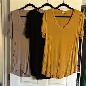 Zenana V-Neck Short Sleeve Tops - Mustard, Black, Taupe